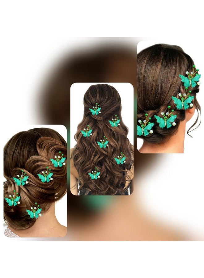 Ansh Artificial Plastic Butterfly Flower with Pearls/ Stone Design Hairpin/ Hair Clip/ Judabun | Bridal Hair Accessories for Women & Girls - Green, 2259, Combo of 5 - Image 4