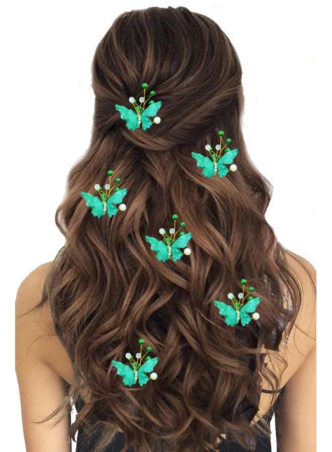 Ansh Artificial Plastic Butterfly Flower with Pearls/ Stone Design Hairpin/ Hair Clip/ Judabun | Bridal Hair Accessories for Women & Girls - Green, 2259, Combo of 5 - Image 2