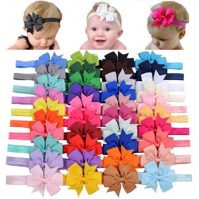 jollybows 40pcs Baby Girls Grosgrain Ribbon Hair Bows Headbands 3" Hair Band Hair Accessories for Infants Newborn Toddler - Image 1