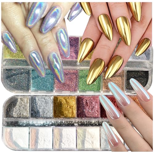 UARUOGP 2 Boxes 24 Colors Holographic Chrome Nail Powder Set - Image 1