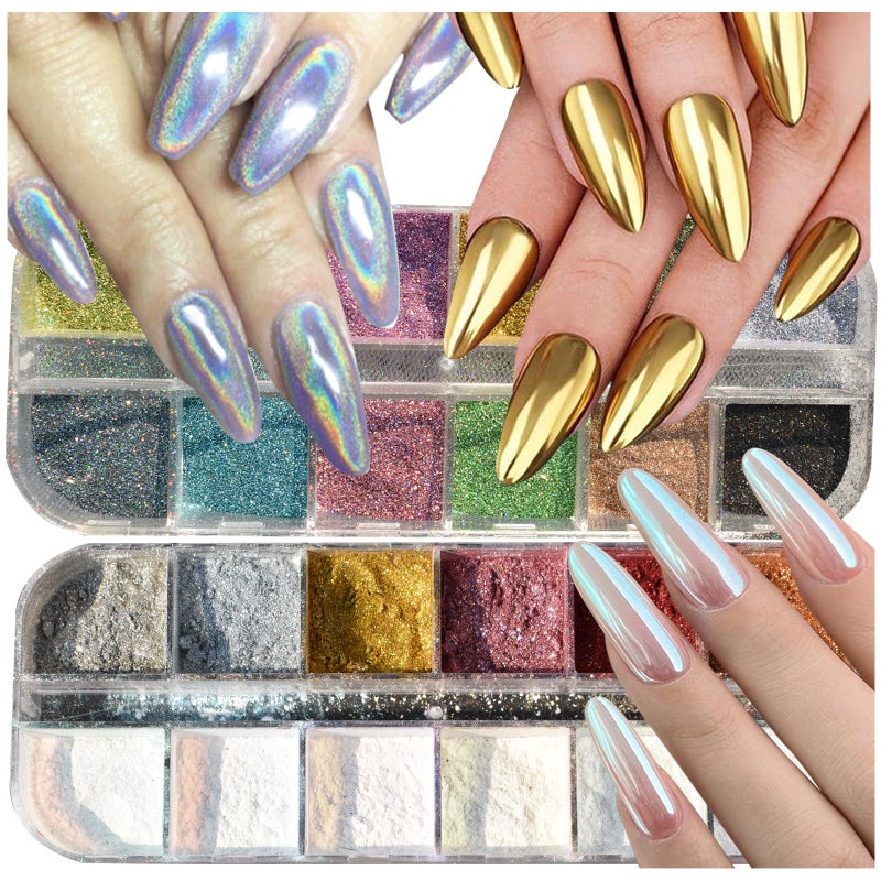 UARUOGP 2 Boxes 24 Colors Holographic Chrome Nail Powder Set - Image 3