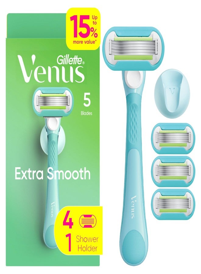 Venus Gillette Venus Extra Smooth Razor for Women, Includes 1 Reusable Razor Handle + 4 Refills, 5-Bladed, Ergonomic No-Slip Gel Handle and Shower Holder - Image 1