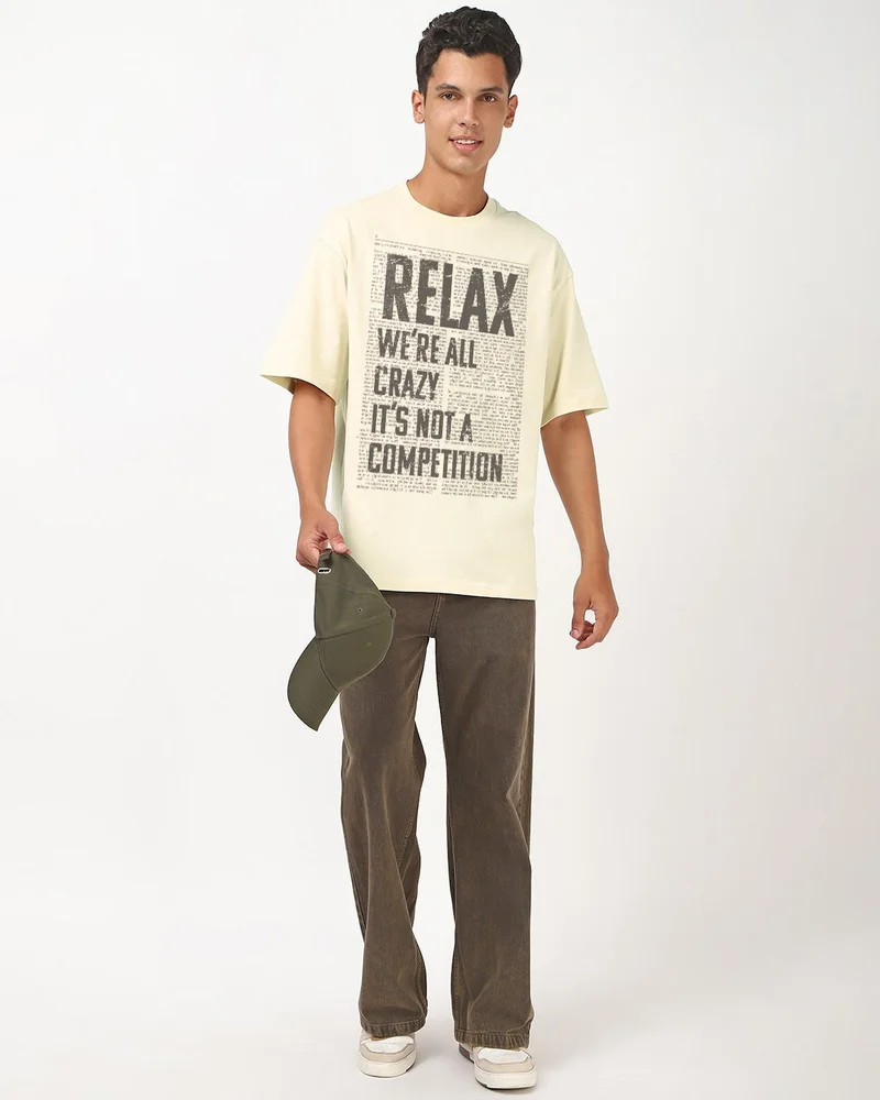 bewakoof  Men's Beige Relax Typography Oversized T-shirt for Men | Best Price UAE