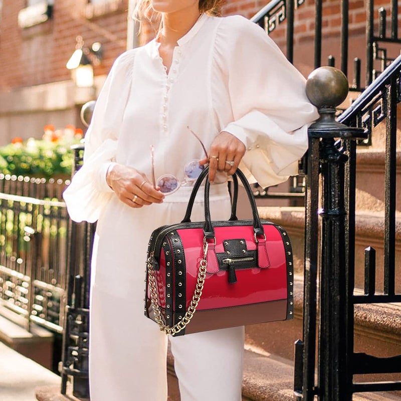 Dasein Women's Barrel Bag Shiny Patent Faux Leather Handbag with Rivet Decoration Top Handle Satchel Shoulder Purse (Large Fuchsia) - Image 2