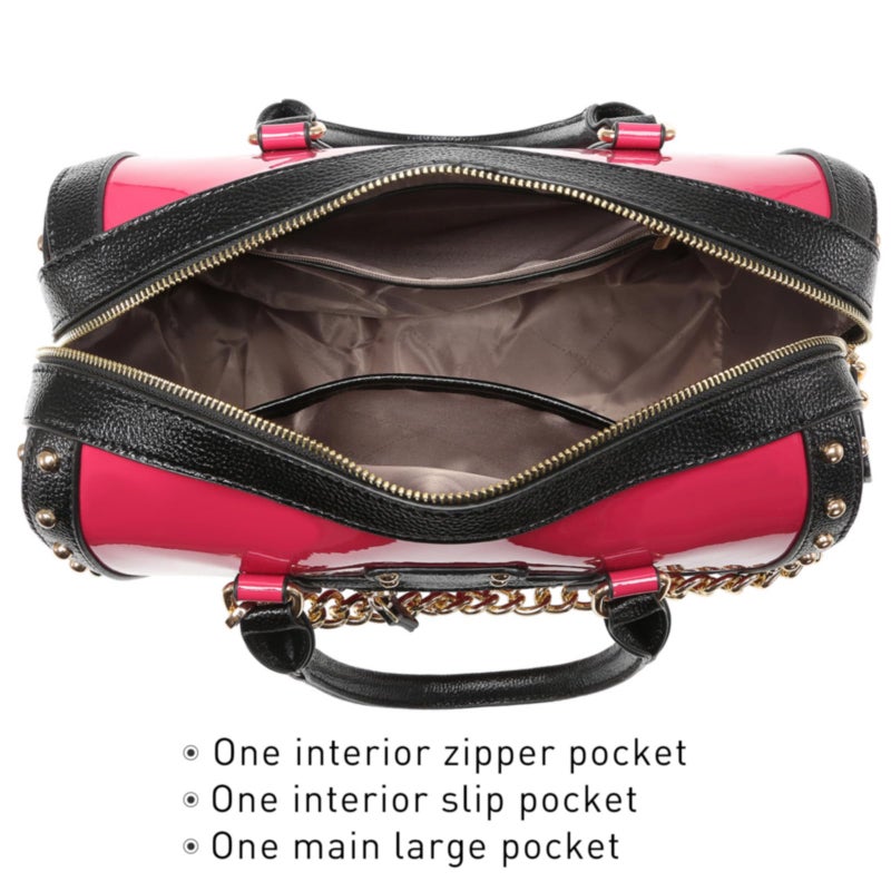Dasein Women's Barrel Bag Shiny Patent Faux Leather Handbag with Rivet Decoration Top Handle Satchel Shoulder Purse (Large Fuchsia) - Image 4