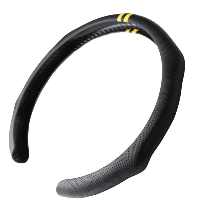 PartsTo Quick Install Sporty Perforated Nappa Leather Steering Wheel Cover with Yellow Stripes Universal fit 14½" to 15" Car SUV Pickup Steering Wheel - Image 1