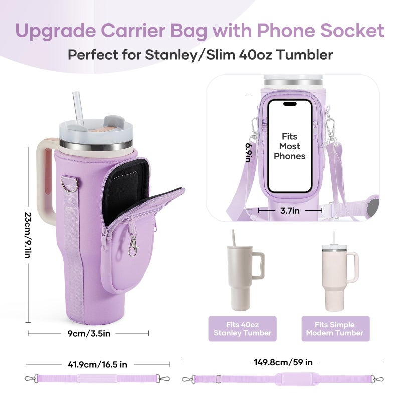 linmaya Water Bottle Carrier Bag for Stanley Cup 40/30oz with Phone Holder Pockets,Neoprene Water Bottle Cross-body Bag with Adjustable Shoulder & Hand Strap Stanley Cup Accessories - Image 3