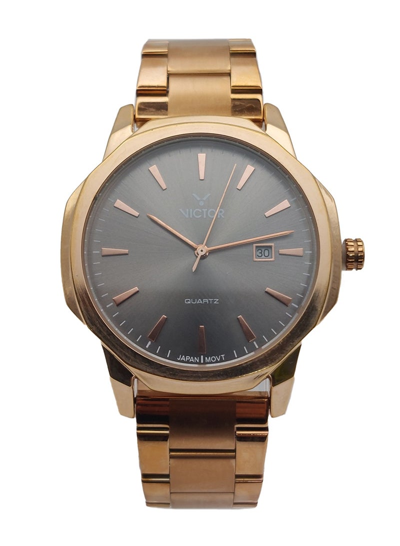 Victor ساعة رجالية أنالوج كوارتز بسوار من الفولاذ المقاوم للصدأ باللون الذهبي الوردي V1450 - 42 مم
