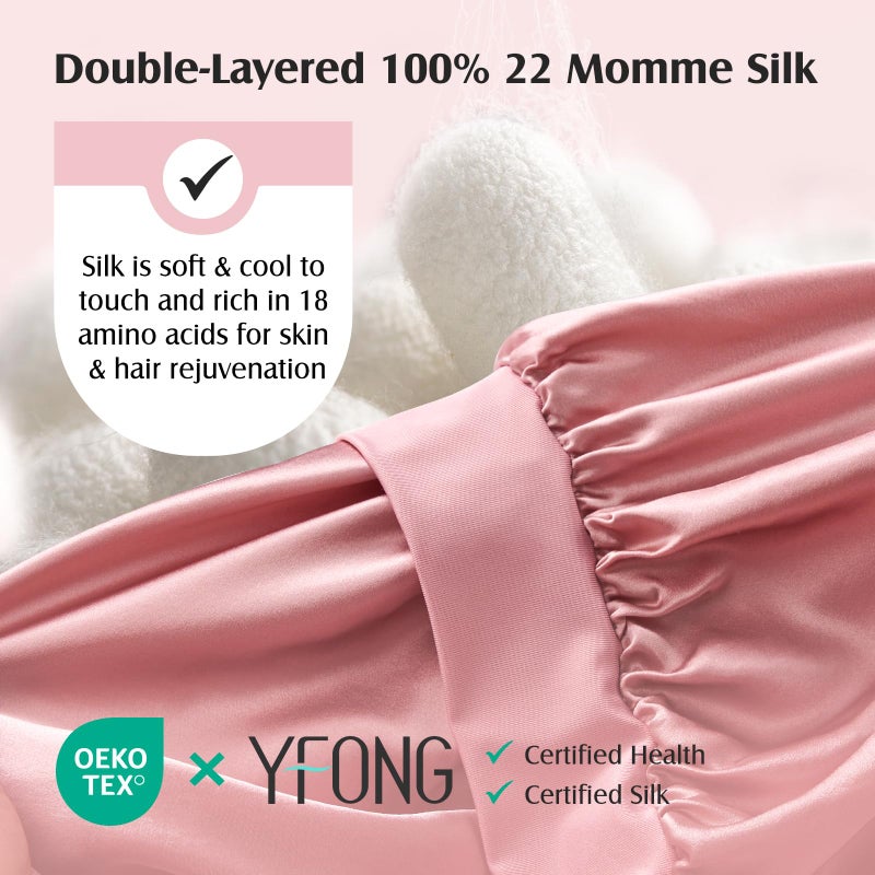 YFONG 100% 22 Momme Mulberry Silk Bonnet for Sleeping Women, Larger Double Layer Silk Hair Wrap for Curly Short Long Hair, Non-Slip Sleep Cap Turban with Elastic Tie Band for Hair Care, Pink - Image 2