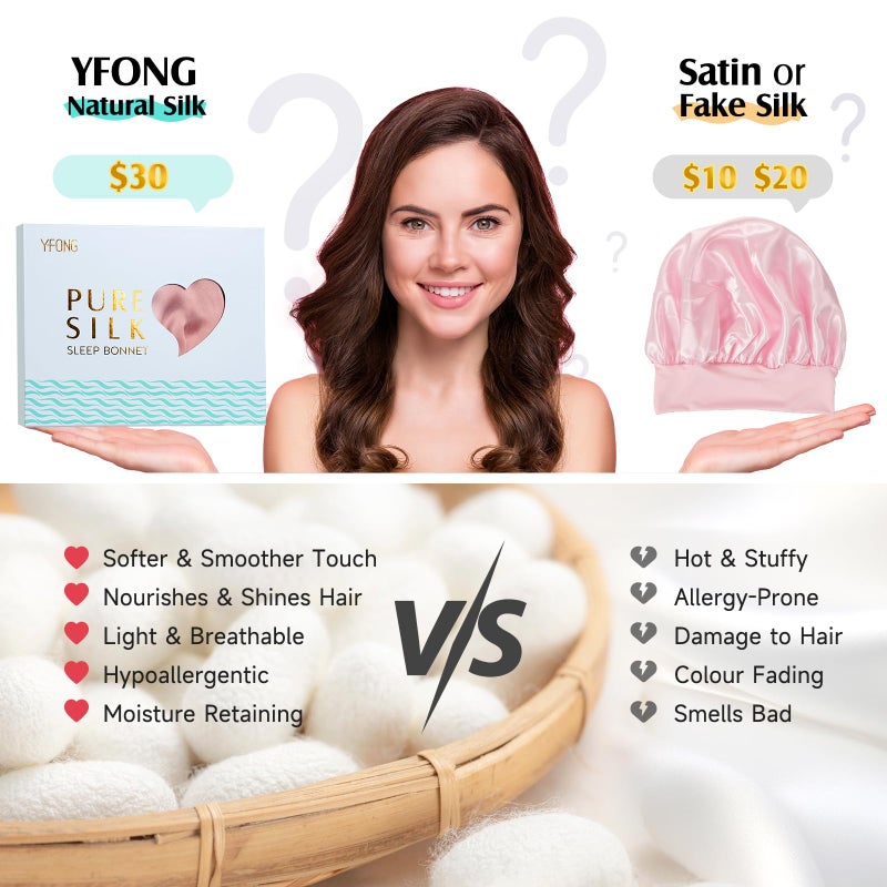 YFONG 100% 22 Momme Mulberry Silk Bonnet for Sleeping Women, Larger Double Layer Silk Hair Wrap for Curly Short Long Hair, Non-Slip Sleep Cap Turban with Elastic Tie Band for Hair Care, Pink - Image 4