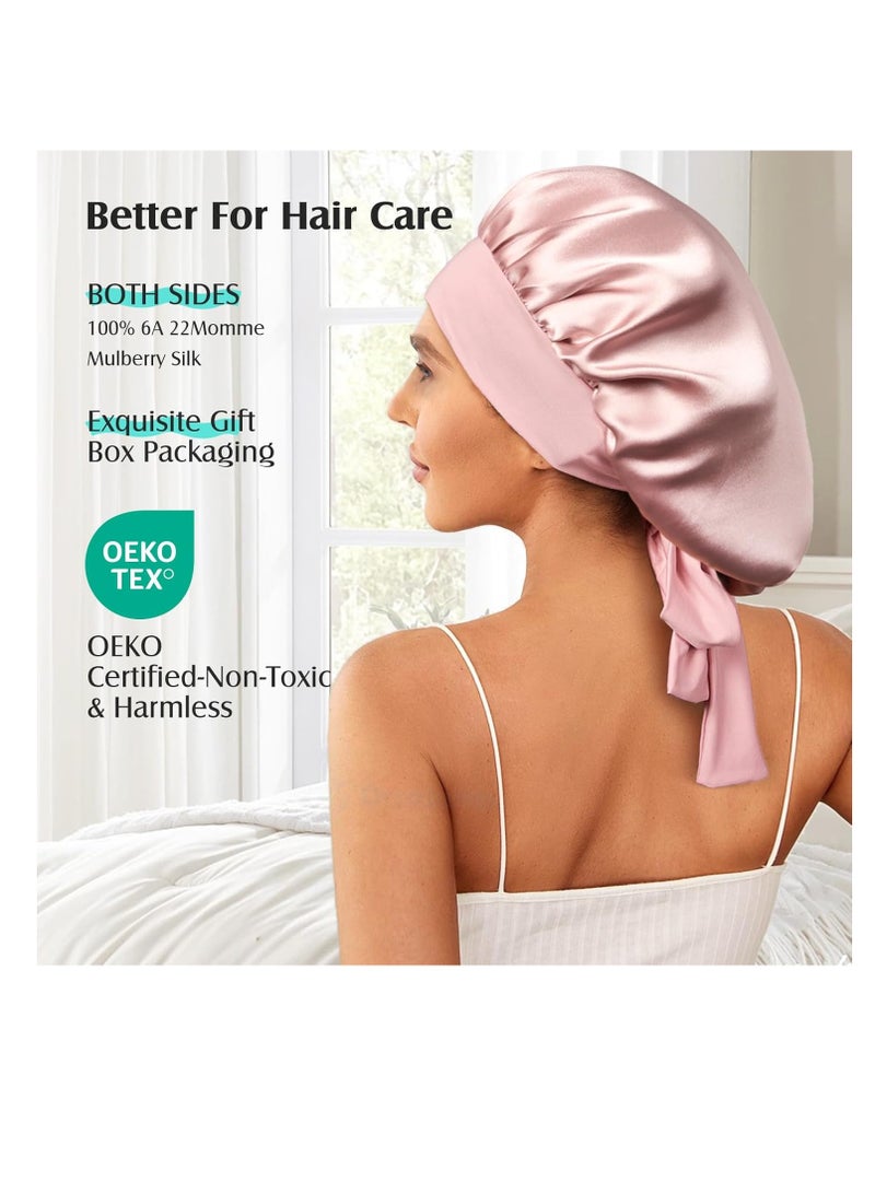 YFONG YFONG 100% 22 Momme Mulberry Silk Bonnet for Sleeping Women - Larger Double Layer Silk Hair Wrap – Non-Slip Silk Turban - Hair Silk Bonnet for Sleeping Women - Silk Cap for Sleeping, Pink - Image 2