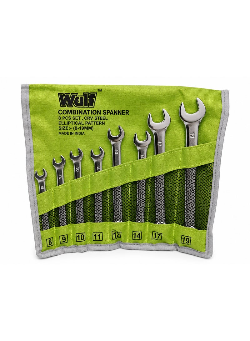 Wulf 8-Piece Combination Spanner Set CRV Steel Double Open End Wrench Kit 8mm to 19mm with Roll Up Storage Pouch for Automotive Mechanical Garage Household DIY Hand Tool Repairs - Image 1