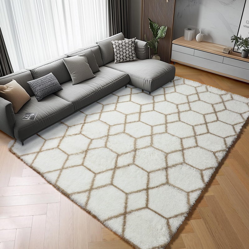 ONASAR Luxury Geometric Rug 5x7 White and Beige Shaggy Moroccan Bedside Rug Floor Mat for Home Decor Aesthetic Soft Plush Fluffy Rug for - Image 1