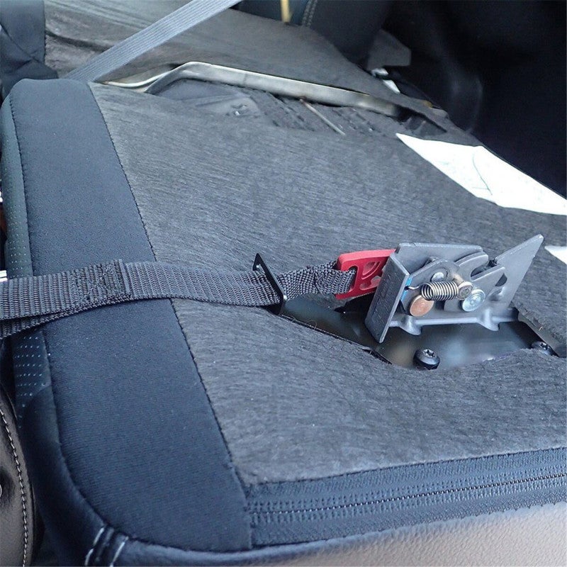 Ford F-150 Rear Seat Lock Release Kit CNC Formed Latch Pull Red Anodized - Black Zinc Coated Bracket With Nylon Strap for F250 F350 Super Easy Access - Image 2