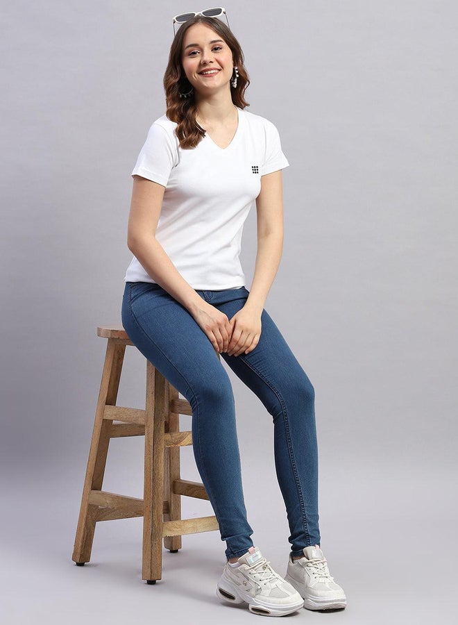 Rock.it Women White Solid V Neck Short Sleeve Top - Image 5