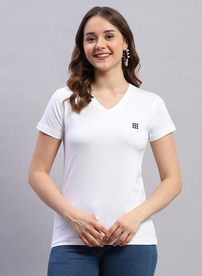 Rock.it Women White Solid V Neck Short Sleeve Top - Image 1