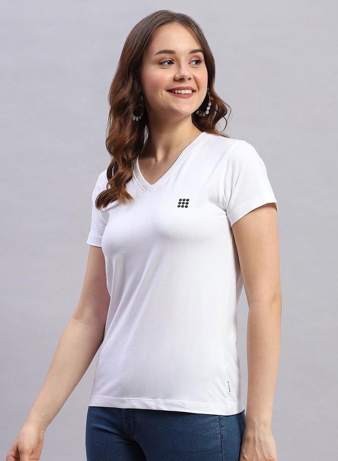 Rock.it Women White Solid V Neck Short Sleeve Top - Image 2