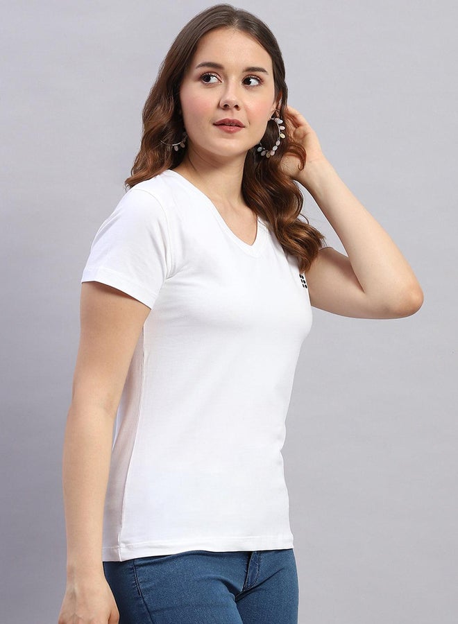 Rock.it Women White Solid V Neck Short Sleeve Top - Image 3