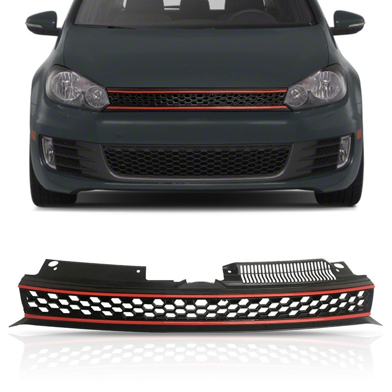 PartsFlow Badgeless Hex Mesh Grill Black WRed Trim Grille Compatible With VW Volkswagen GTI Jetta Golf MK6 2010 2012 2013 2014