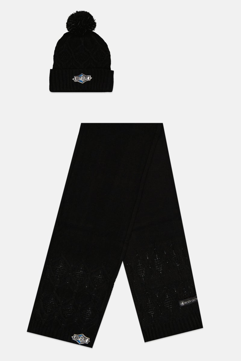 Body Glove Women 2 Pieces Brand Logo Scarf And Beanie Set, Black  - Image 1