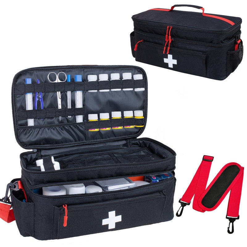 ALSLEA First Aid Bag Empty Large Medical Bag with Shoulder Strap 16â€x 9.5â€ x 7â€ Medicine Organizer Travel First Aid kit Emergency Supplies Storage Bag for Car, Home, Office, Outdoor (Black) - Image 1