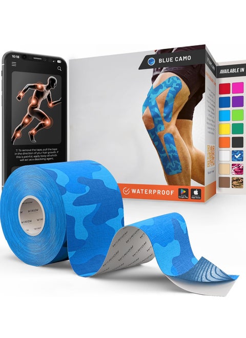 Kinesiology Tape, 1 Roll of 5m Breathable Cotton Sports Tape for Ankle, Painful Knee, Elbow and Shoulder Muscles, (Blue Camouflage)