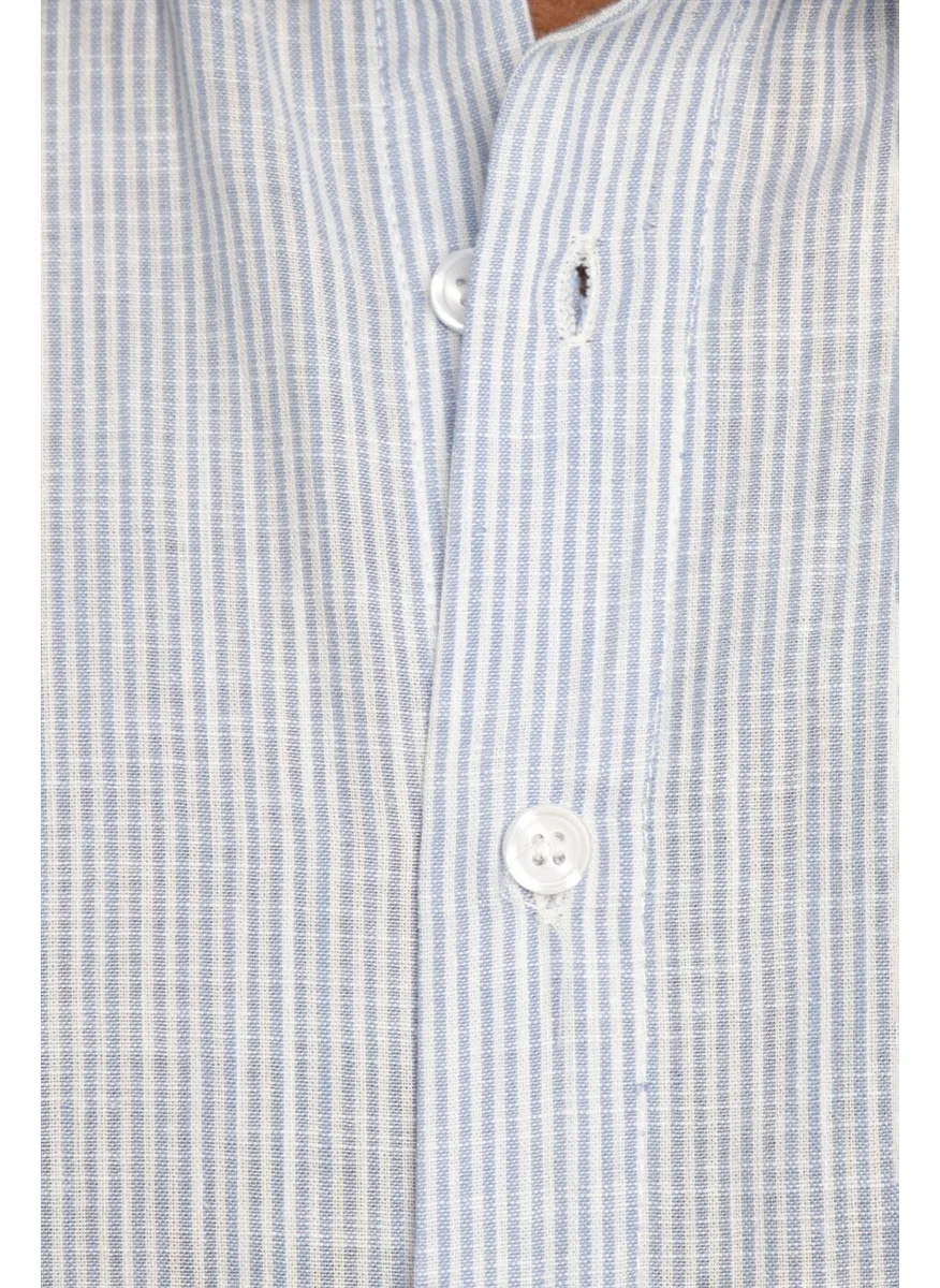 Tudors Slim Fit Long Sleeve Striped Linen Men's Shirt with Piping Inside Collar -
