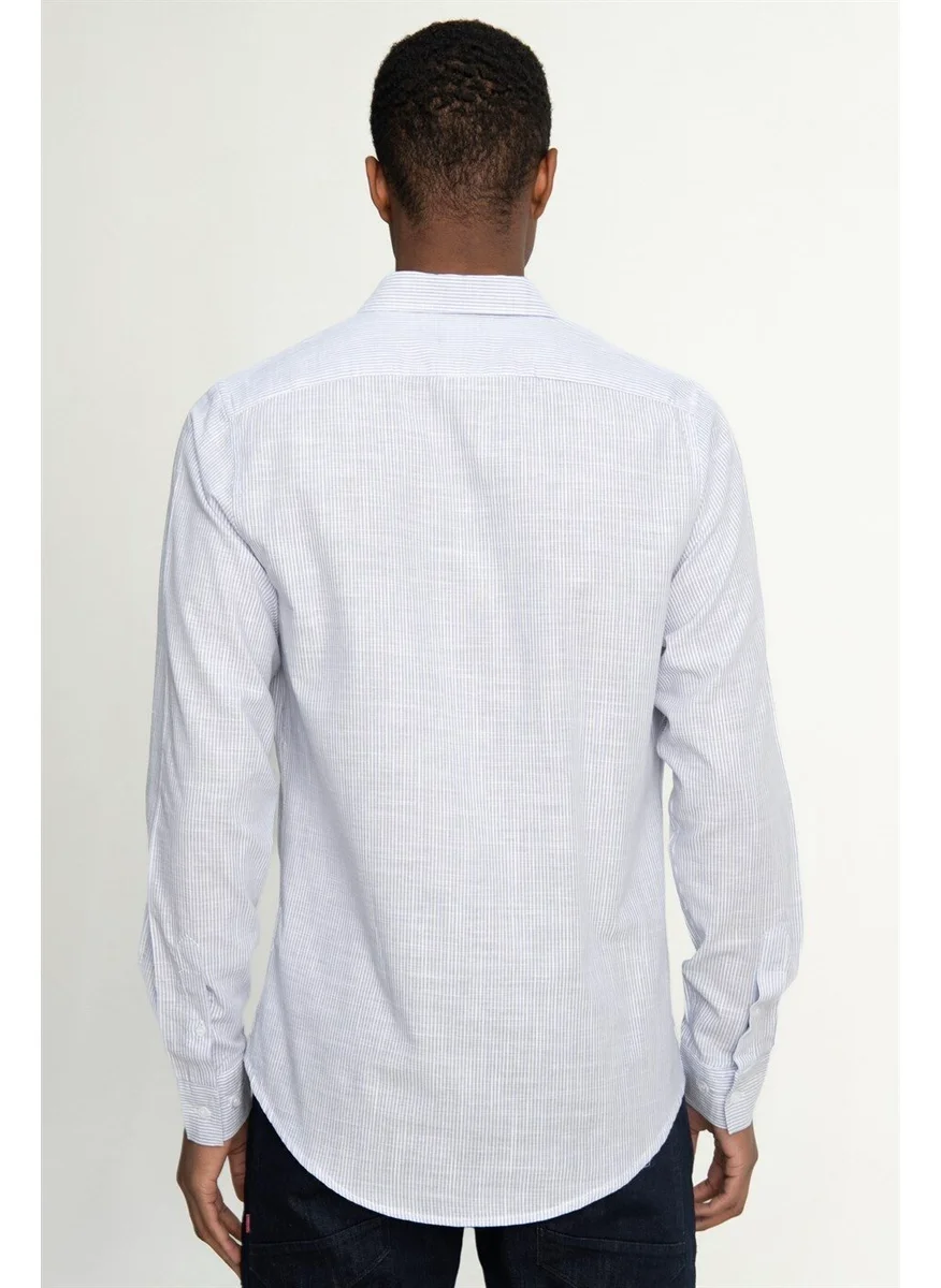 Tudors Slim Fit Long Sleeve Striped Linen Men's Shirt with Piping Inside Collar -