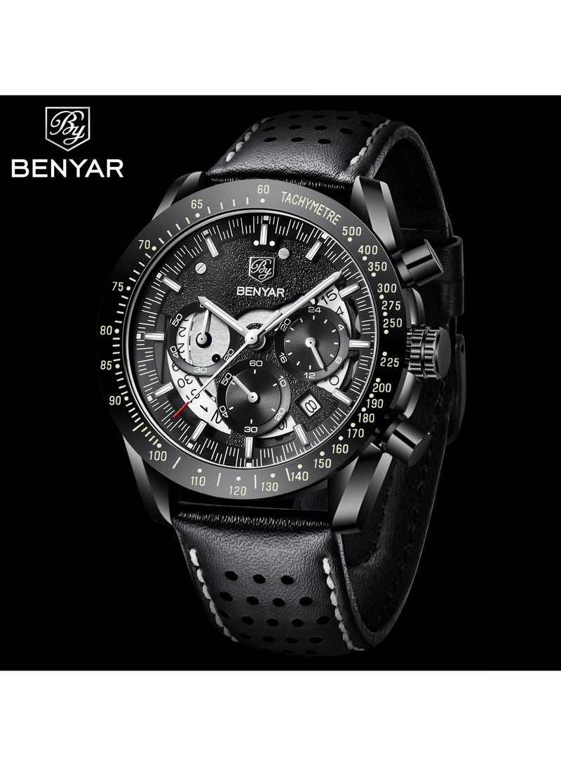 BENYAR Watches for Men Luxury Quartz Water Resistant Watch Men's Chronograph Genuine Leather Strap 5120 Black - Image 3