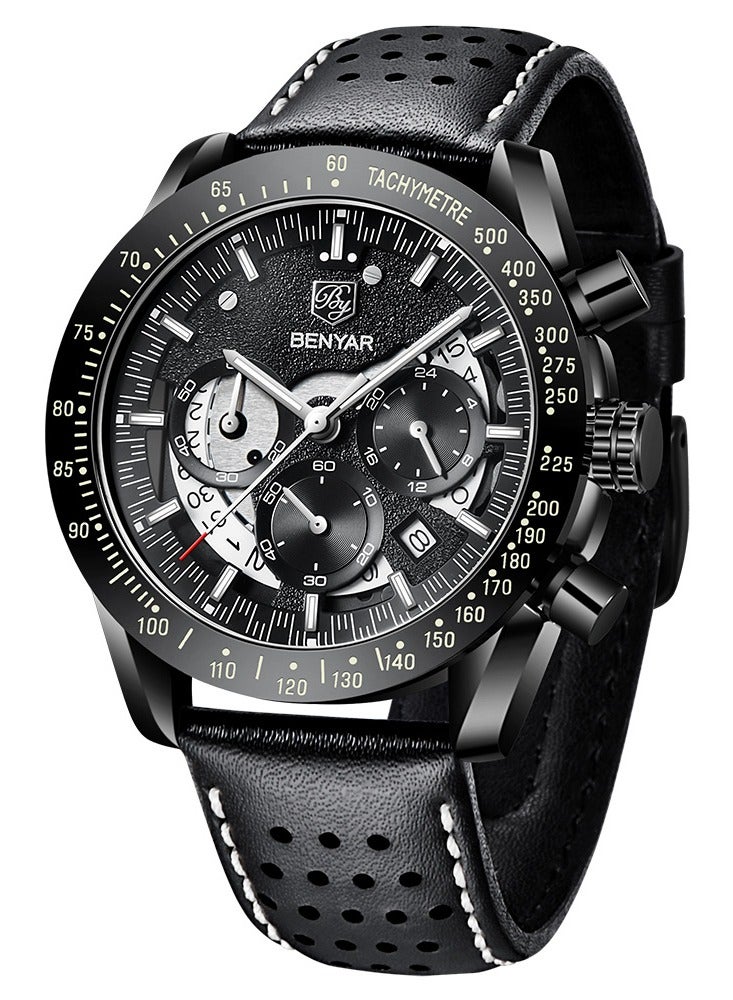 BENYAR Watches for Men Luxury Quartz Water Resistant Watch Men's Chronograph Genuine Leather Strap 5120 Black - Image 1