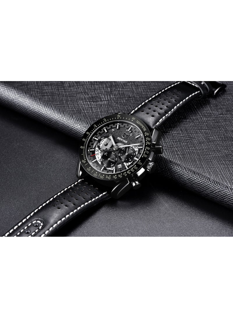 BENYAR Watches for Men Luxury Quartz Water Resistant Watch Men's Chronograph Genuine Leather Strap 5120 Black - Image 5