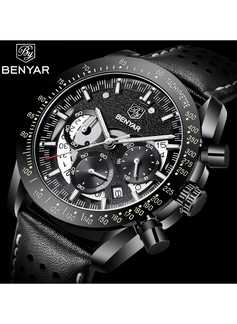 BENYAR Watches for Men Luxury Quartz Water Resistant Watch Men's Chronograph Genuine Leather Strap 5120 Black - Image 2