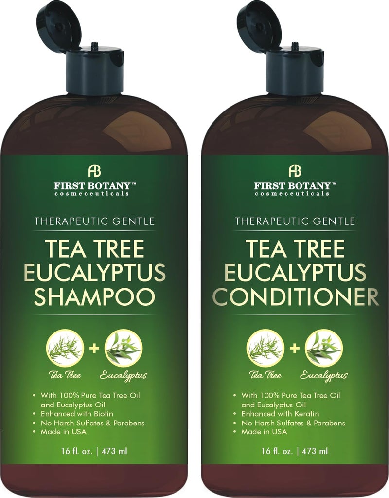 First Botany Tea Tree & Eucalyptus Shampoo and Conditioner Set â€“ Clarifying & Scalp Care Formula with Activated Charcoal, Biotin & Keratin â€“ Sulfate-Free, Made in USA - 16 fl oz x 2 - Image 1