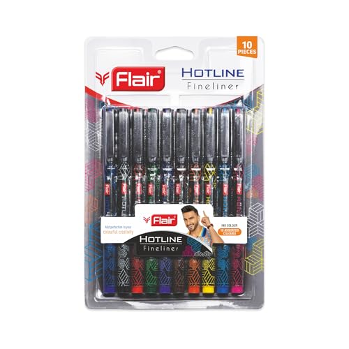 FLAIR Hotline 0.7 to 1 mm Metal Tip Fineliner Pen Blister Pack | Light Weight Body With Comfortable Grip | Ideal For Mandala, Sketching, Doodling, Journal & Outline| Multicolor Ink, Pack of 10 Pens - Image 1