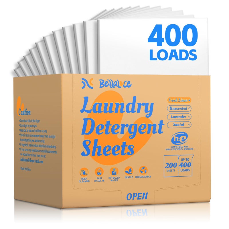 BellaLuce Laundry Detergent Sheets - Laundry Sheets, 400 Loads, Eco-Friendly, Plastic-Free, Fresh Linen Scent, Space Saving, Fast Dissolve & Hypoallergenic - Image 1