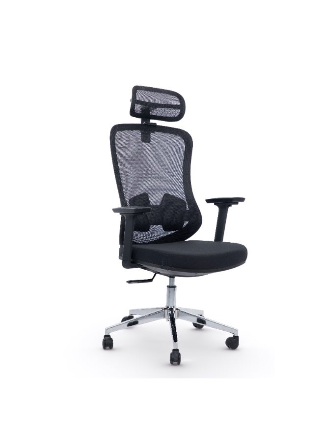 Ergonomic High Back Mesh Office Chair MH-2286-B with Adjustable Headrest, Lumbar Support, Height Adjustable Swivel Seat, Chrome Base & Smooth Rolling Wheels – Black