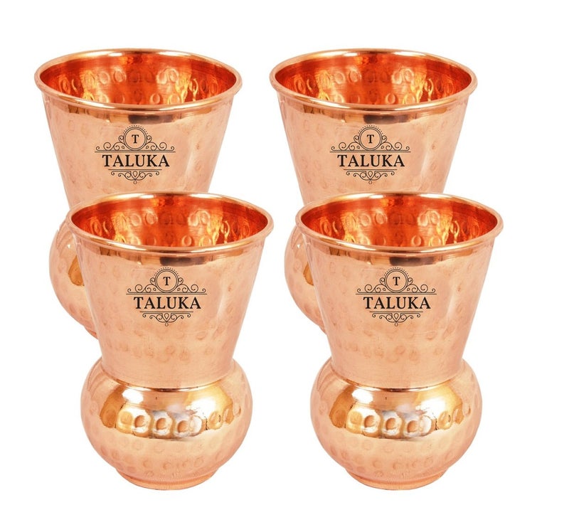 Taluka Set of 4 Pure Copper Round Bottom Hammered Water Serving Purpose Copper Glass Home Hotel Drinkware Good Health Benefits Yoga Ayurveda 3 x 45 inches - Image 1
