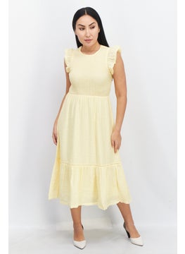 Women Round Neck Cap Sleeves Textured Midi Dress, Yellow