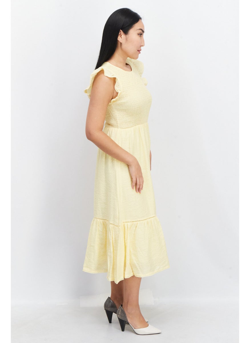 Lost + Wander - Women Round Neck Cap Sleeves Textured Midi Dress, Yellow - Image 1