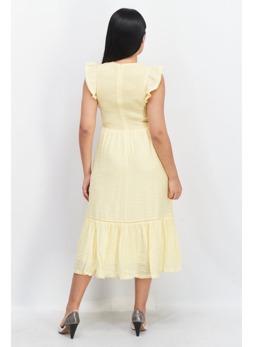 Lost + Wander - Women Round Neck Cap Sleeves Textured Midi Dress, Yellow - Image 1