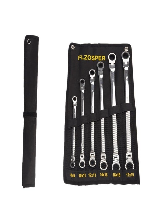 FLZOSPER 6-Piece Extra Long Flex-Head Double Box End Ratcheting Wrench Set, Metric 8-19mm, CR-V Steel Spanner with Portable Pouch - Image 2