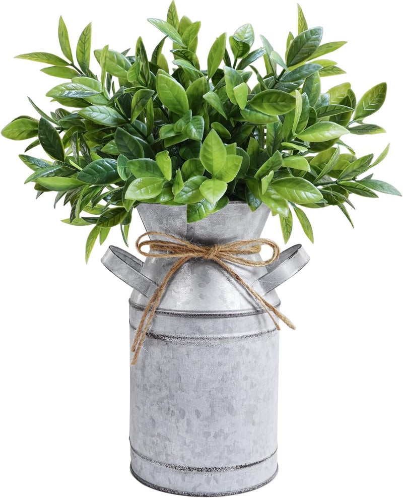 Winlyn Winlyn Metal Milk Can Vase with Artificial Boxwood Faux Greenery Arrangement Farmhouse Centerpiece Shabby Chic Vintage Galvanized Milk Can Centerpiece 12 Tall Table Tiered Tray Shelf Country Dcor  - Image 1