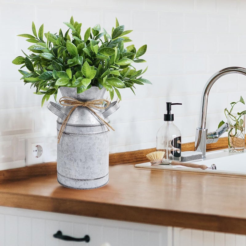 Winlyn Winlyn Metal Milk Can Vase with Artificial Boxwood Faux Greenery Arrangement Farmhouse Centerpiece Shabby Chic Vintage Galvanized Milk Can Centerpiece 12 Tall Table Tiered Tray Shelf Country Dcor  - Image 4
