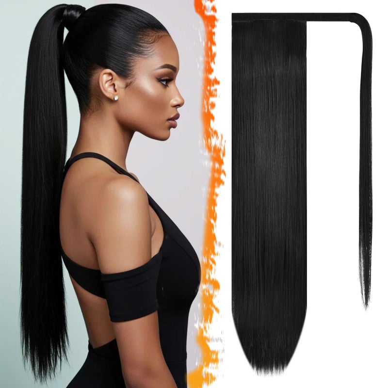 BARSDAR Natural Black Straight Ponytail Extension 30 Inch Long Straight Wrap Around Ponytail Hair Extensions for Black Women Synthetic Wrap Clip in Pony Tails Hairpieces Daily