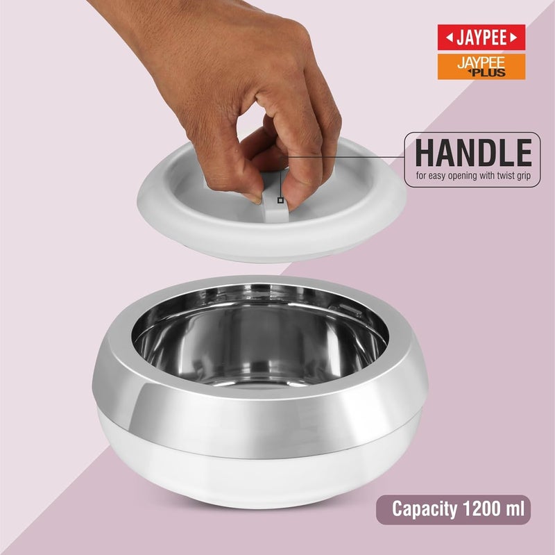 JAYPEE كسرولة بالازيو 1200 الداخلية من الفولاذ المقاوم للصدأ | غطاء معزول قابل للقفل من PU | صندوق طعام مقاوم للصدأ للمطبخ | وعاء ساخن للأرز | قابل للتكديس | مثالي للهدايا | سعة 1150 مل، أبيض - Image 4