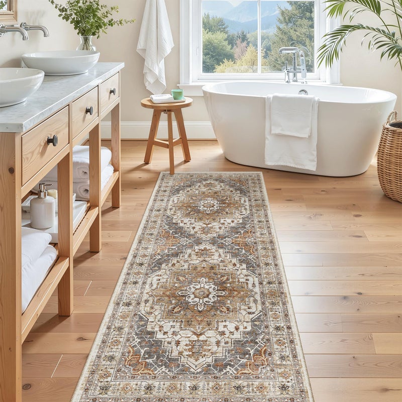 Madane Washable Runner Rug - 2x6 Rug Runners for Hallways 6 Feet Non Slip Vintage Kitchen Runner Rug Ultra-Thin Bathroom Runner Rugs Carpet Laundry Room Bedroom (2x6ft, Turmeric/Grey) - Image 4