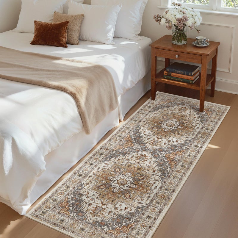 Madane Washable Runner Rug - 2x6 Rug Runners for Hallways 6 Feet Non Slip Vintage Kitchen Runner Rug Ultra-Thin Bathroom Runner Rugs Carpet Laundry Room Bedroom (2x6ft, Turmeric/Grey) - Image 3