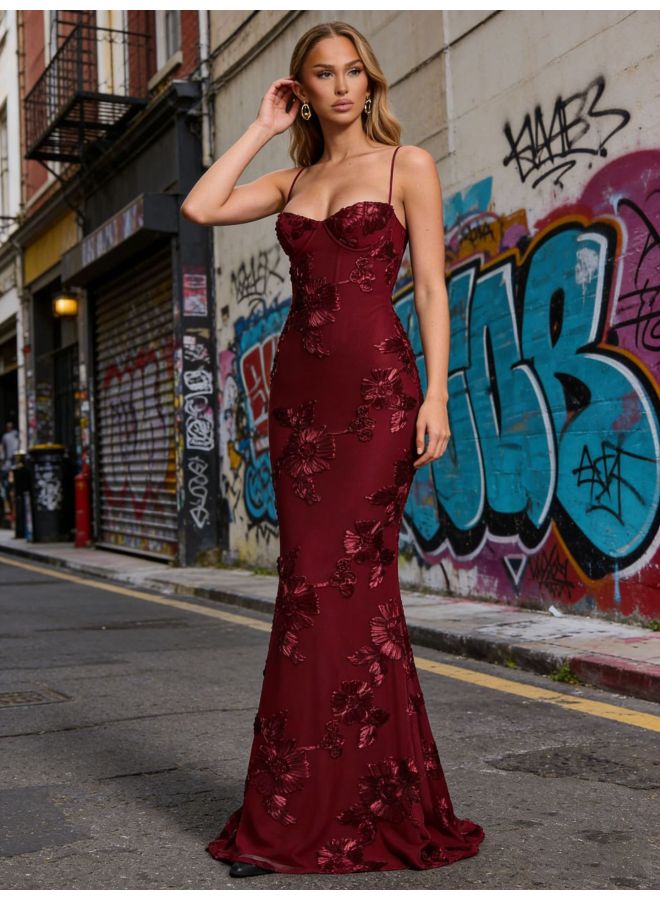 Autumn New Style 3d Embroidery Backless Cross Strap Long Dress Exquisite Floral Embroidery Banquet Gown