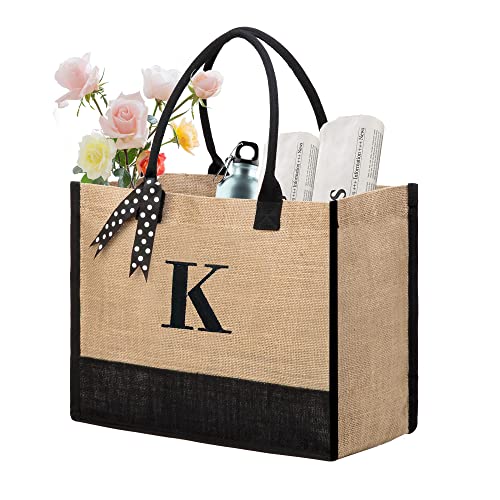 BeeGreen Initial Jute Tote Bag for Women Beach Tote Bag with Handles Thank You Gift for Teacher Friends Bridesmaid Mother Personalized Monogram Gift Bag for Birthday Bridal Shower K - Image 1