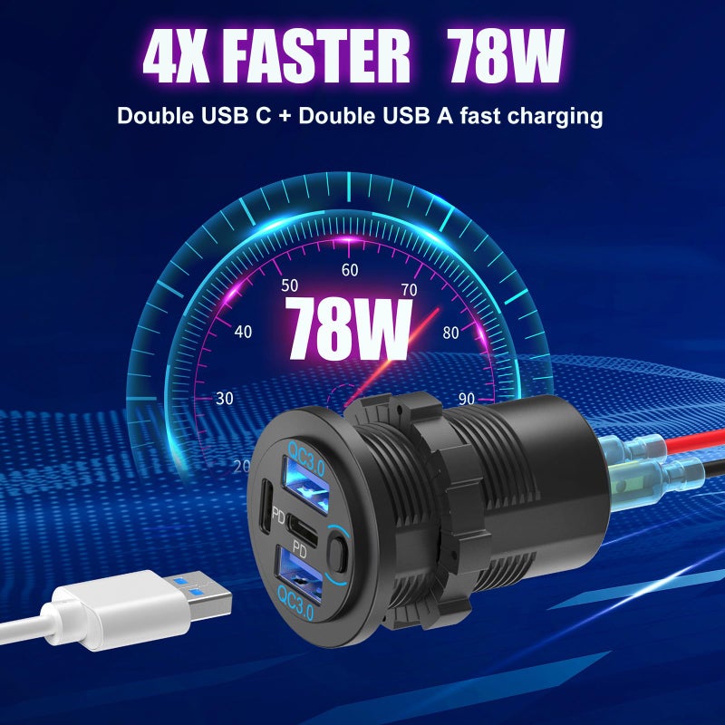 Hapytrip 2 Pack 12V USB Outlet 4 Port Car Charger, 78W Super Fast Dual PD3.0 & QC3.0 Multiple USB Port for Car, USB C Cigarette Lighter Replacement 12 Volt Socket Waterproof for Marine Boat Motorcycle RV Golf - Image 2